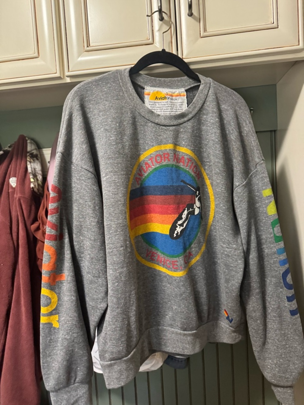 Aviator Nation Gray Crewneck with Multicolor Rainbow Logo and Sleeve Graphics